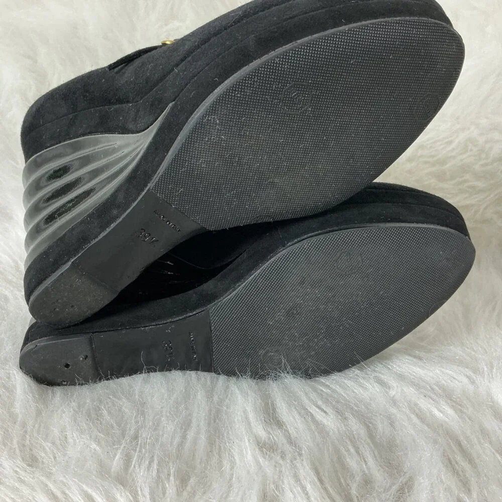 YSL Yves Saint Laurent Black Suede Robyn Winged Molded Wedge Pumps 39.5 US 9.5